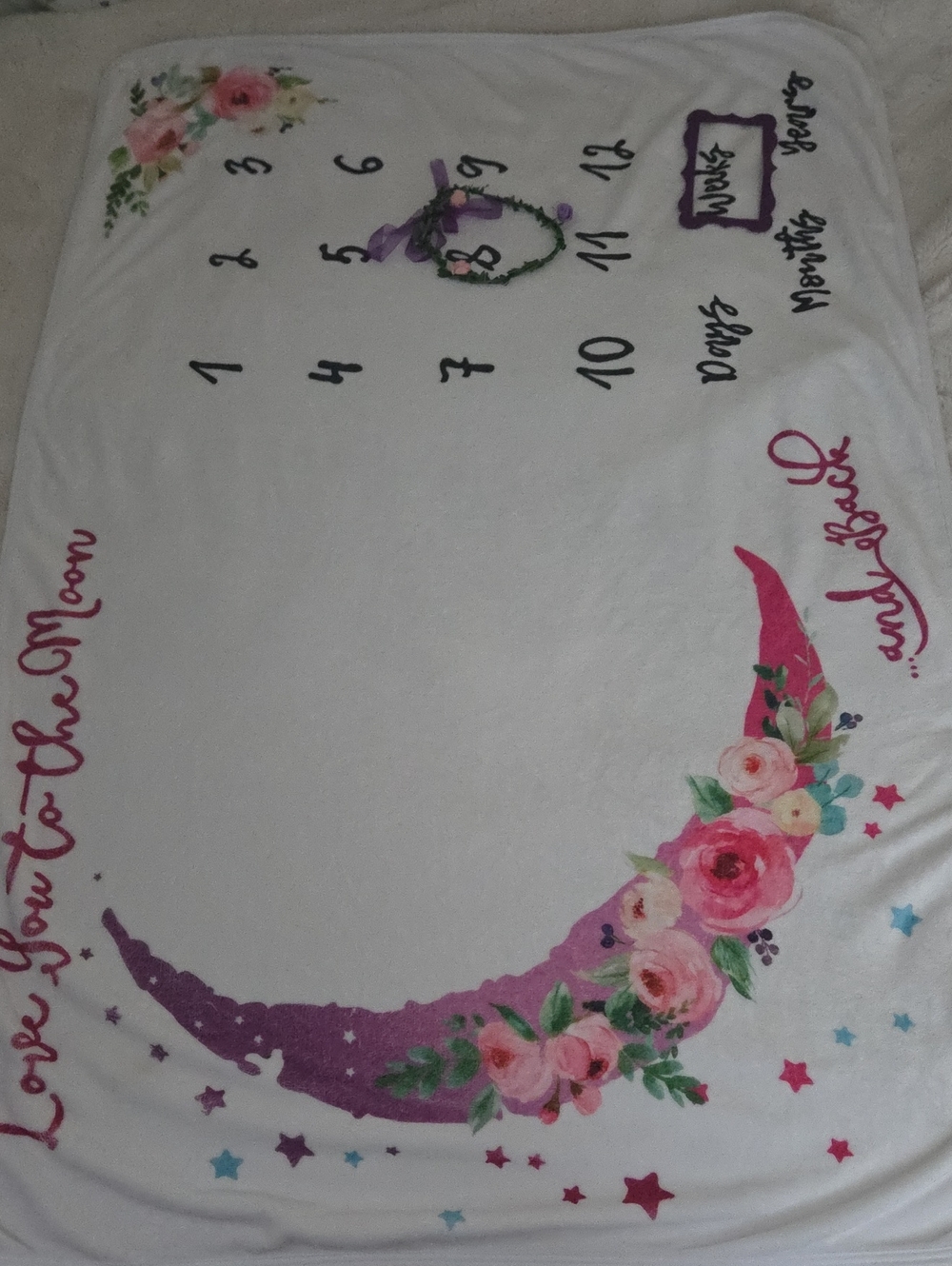 Floral Moon Baby Milestone Blanket - White with Pink & Purple